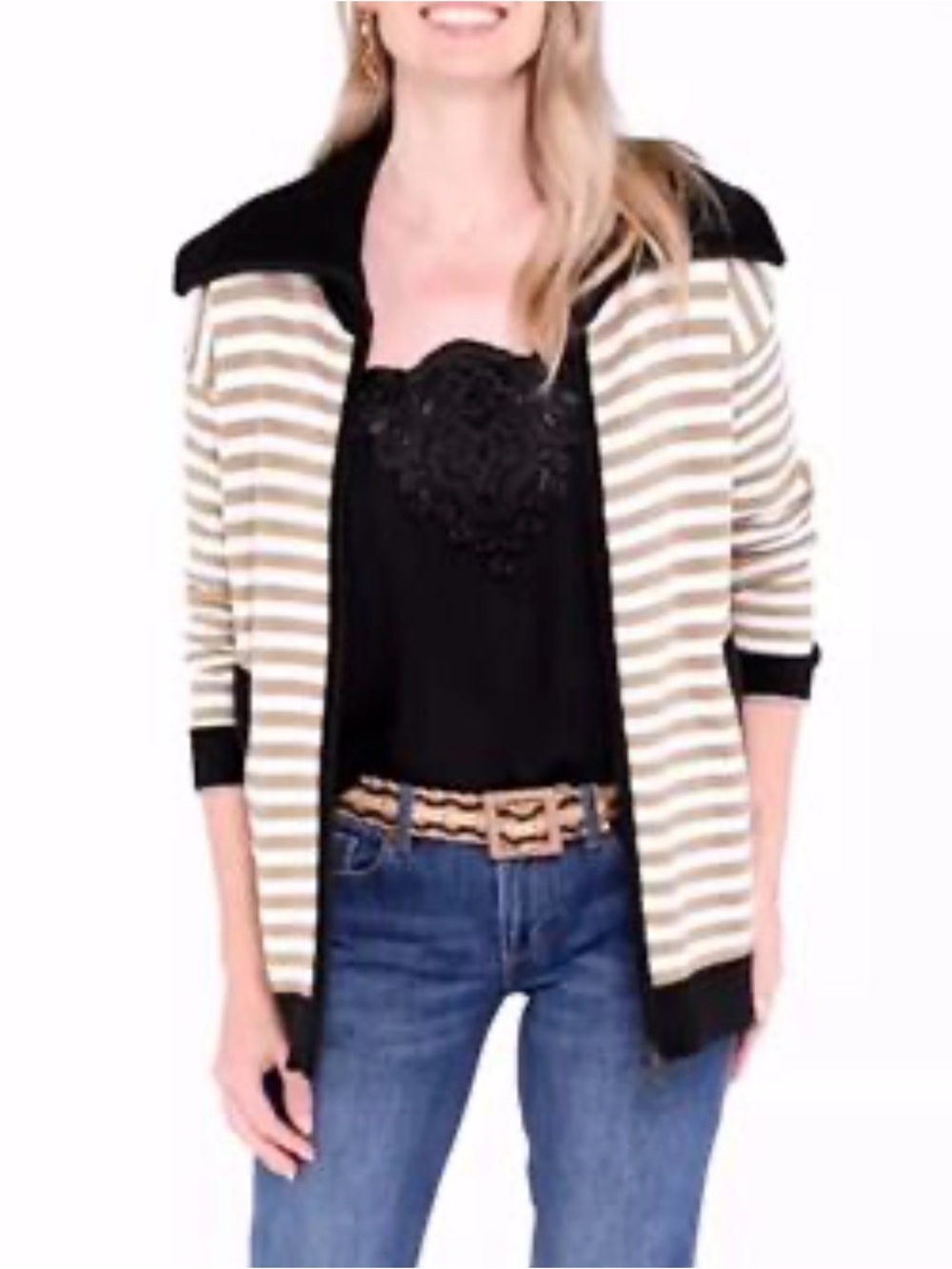 Cabi Mascot Cardigan 6448 Tan White Striped Black Full Zip Sweater